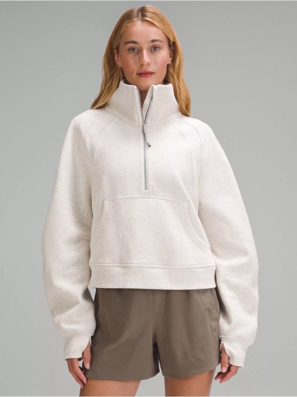 Lululemon Scuba Oversized Funnel-Neck Half Zip Crop - Heathered Bone M/L
